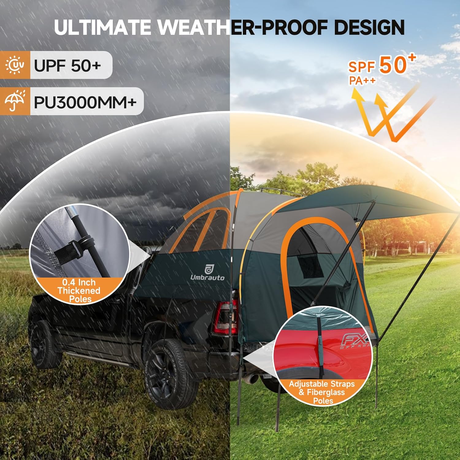 Umbrauto Truck Bed Tent with Awning – Waterproof 2-3 Person Pickup Camping Tent (6.4–6.7 ft Beds)