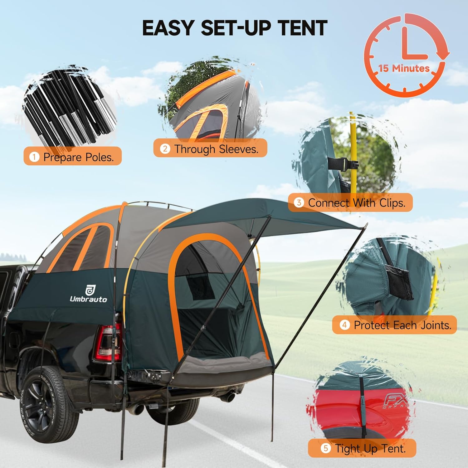 Umbrauto Truck Bed Tent with Awning – Waterproof 2-3 Person Pickup Camping Tent (6.4–6.7 ft Beds)