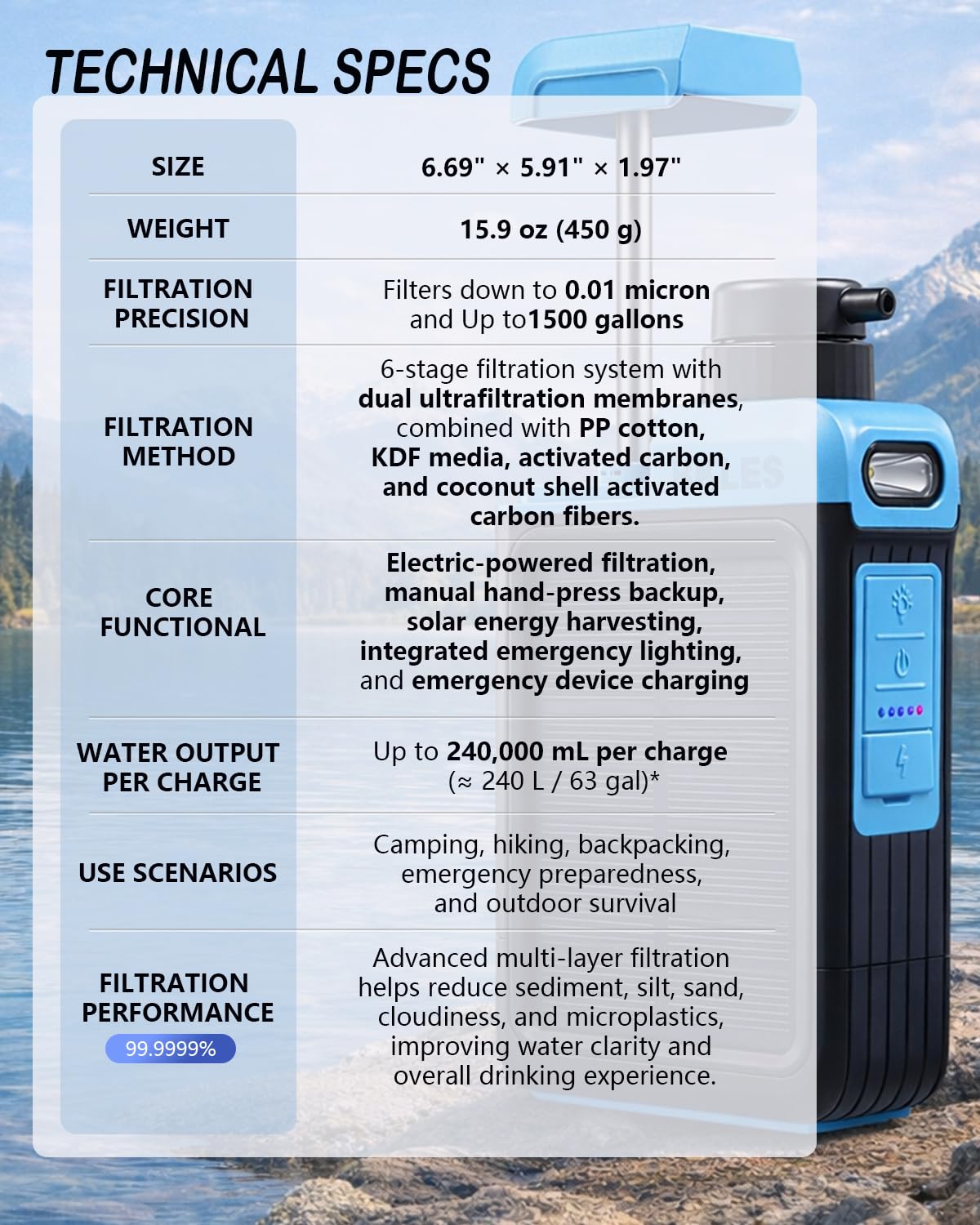 3-in-1 Solar Water Filter with Hand Pump & Emergency Light – Camping Survival | Apex Traverse