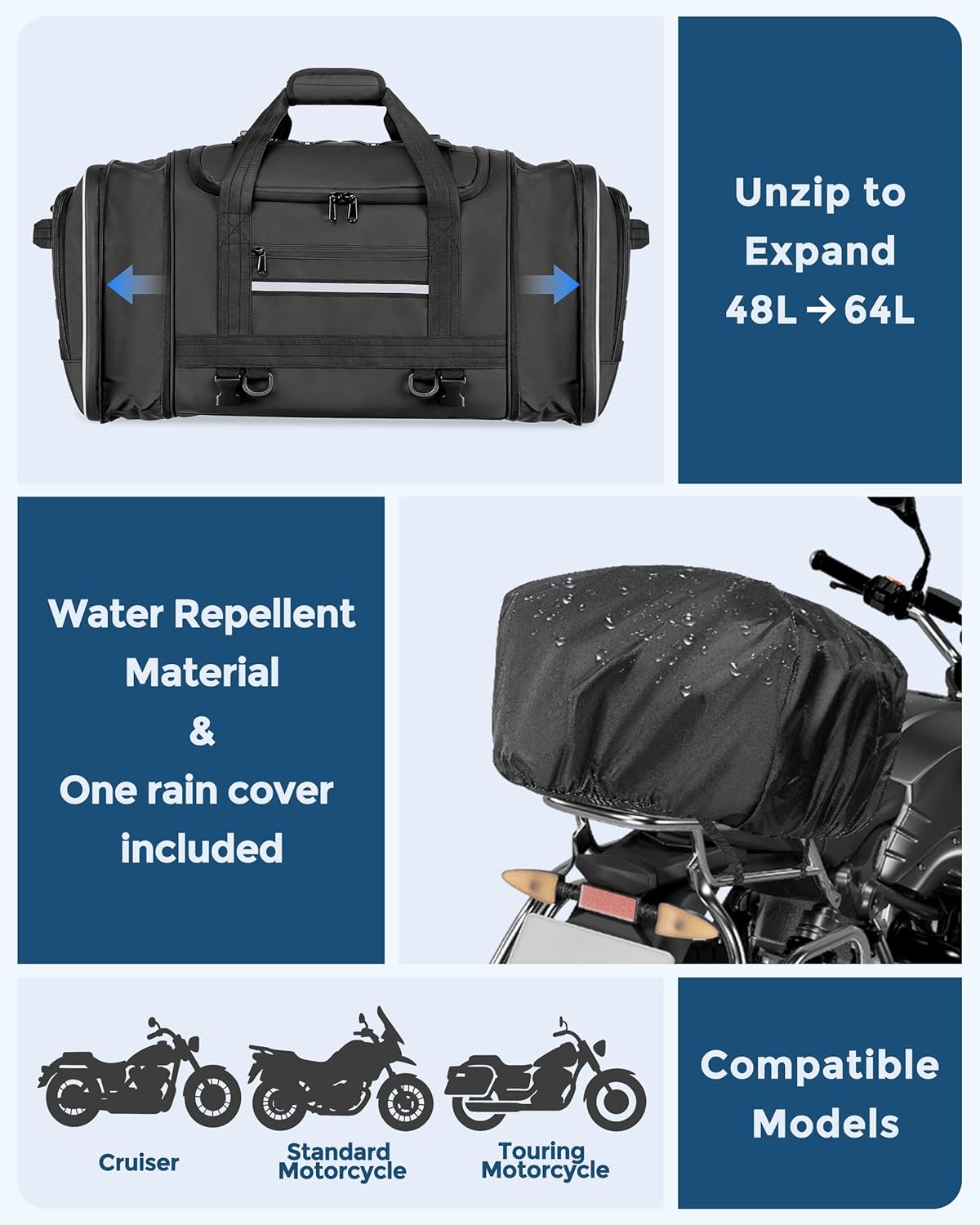 48L-64L Expandable Motorcycle Tail Bag – Waterproof Rear Seat Luggage with Rain Cover | Apex Traverse