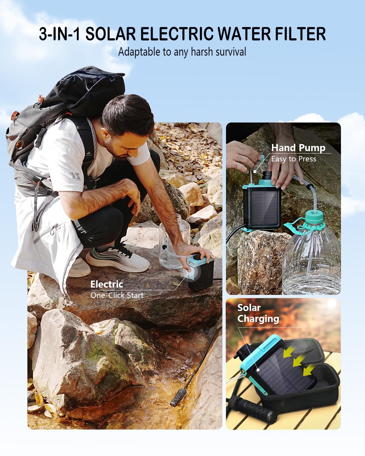 3-in-1 Solar Water Filter with Hand Pump & Emergency Light – Camping Survival | Apex Traverse