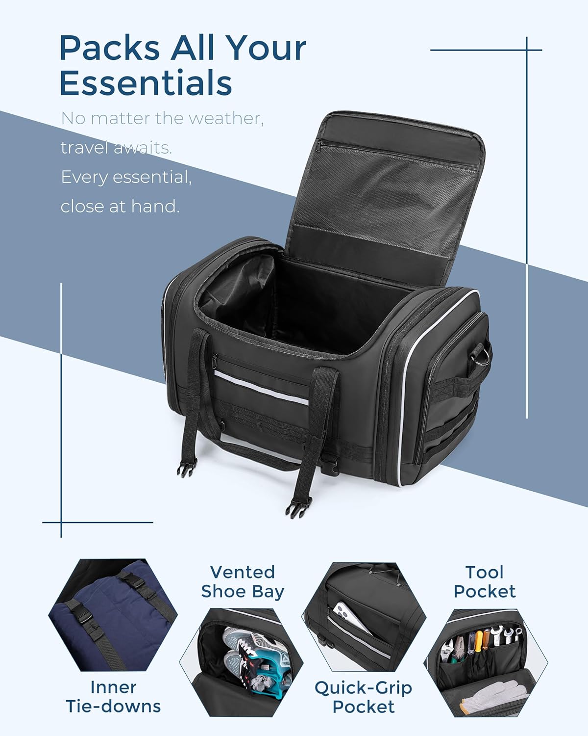 48L-64L Expandable Motorcycle Tail Bag – Waterproof Rear Seat Luggage with Rain Cover | Apex Traverse