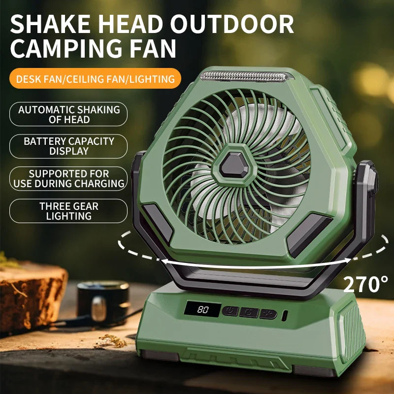 2025 New Camping Fan Rechargeable Outdoor Fan Ceiling Oscillating Fan Portable Air Conditioner with 3 Gears and Flashlight