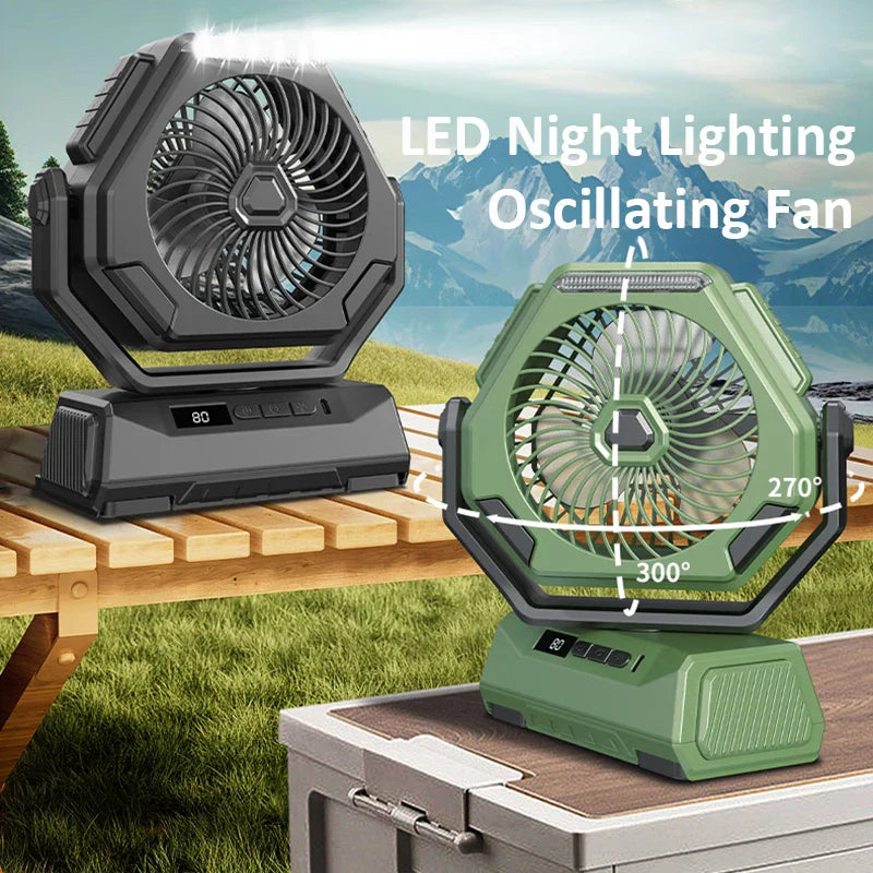 2025 New Camping Fan Rechargeable Outdoor Fan Ceiling Oscillating Fan Portable Air Conditioner with 3 Gears and Flashlight