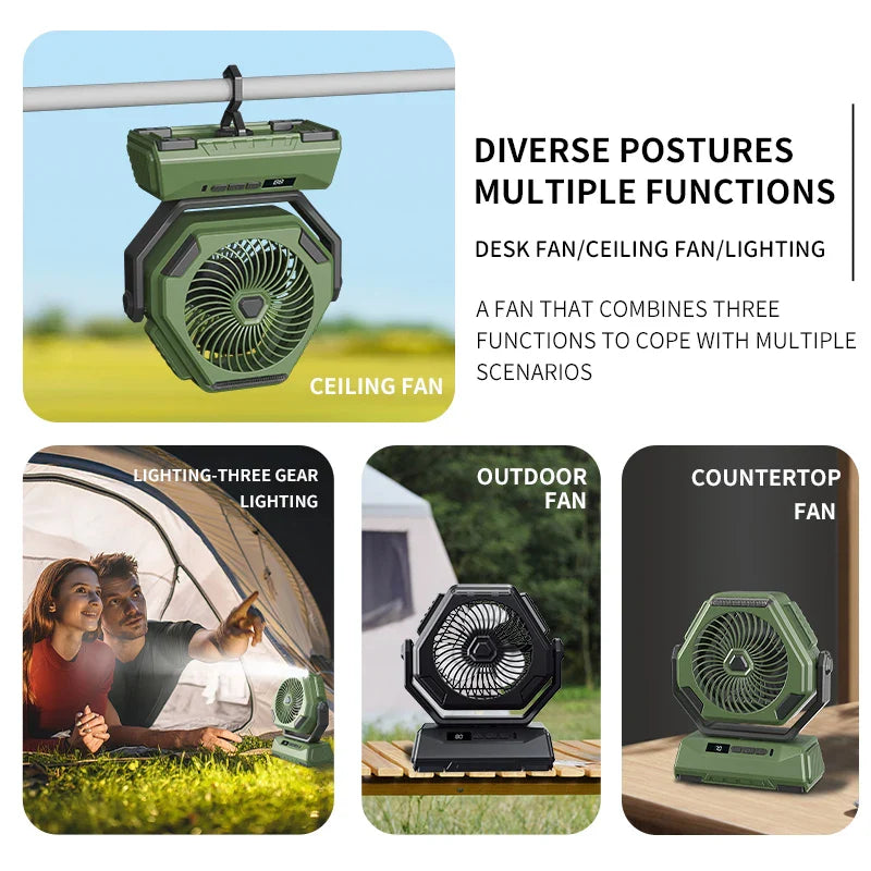 2025 New Camping Fan Rechargeable Outdoor Fan Ceiling Oscillating Fan Portable Air Conditioner with 3 Gears and Flashlight