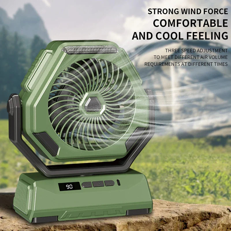 2025 New Camping Fan Rechargeable Outdoor Fan Ceiling Oscillating Fan Portable Air Conditioner with 3 Gears and Flashlight
