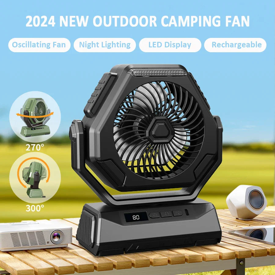 2025 New Camping Fan Rechargeable Outdoor Fan Ceiling Oscillating Fan Portable Air Conditioner with 3 Gears and Flashlight