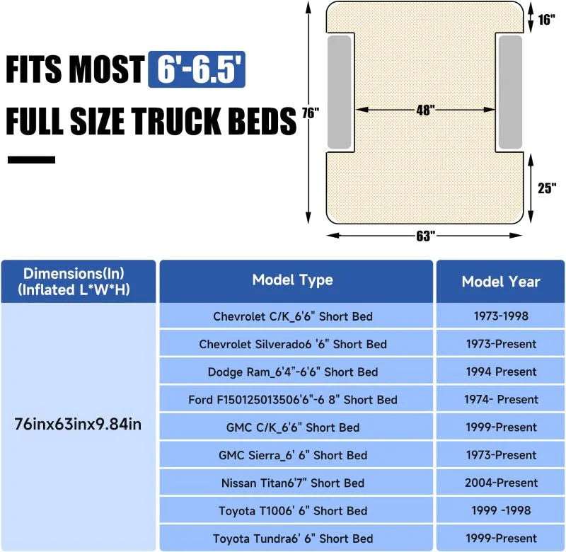 Umbrauto Truck Bed Air Mattress 3.0 with Built-In Rechargeable Pump (5.5–6.5 ft Beds)