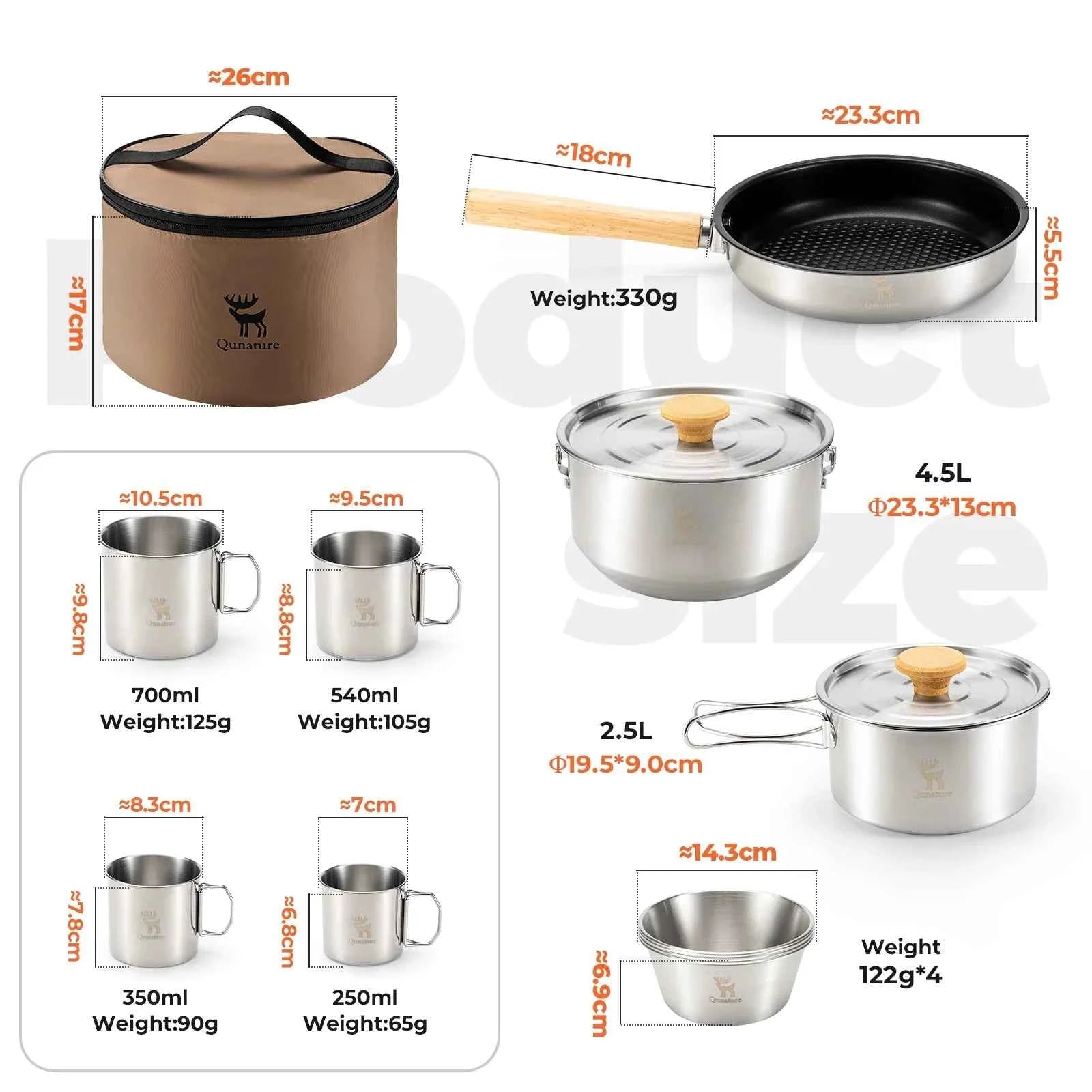Qunature TrailChef™ 5-Piece Stainless Steel Camping Cookware Set