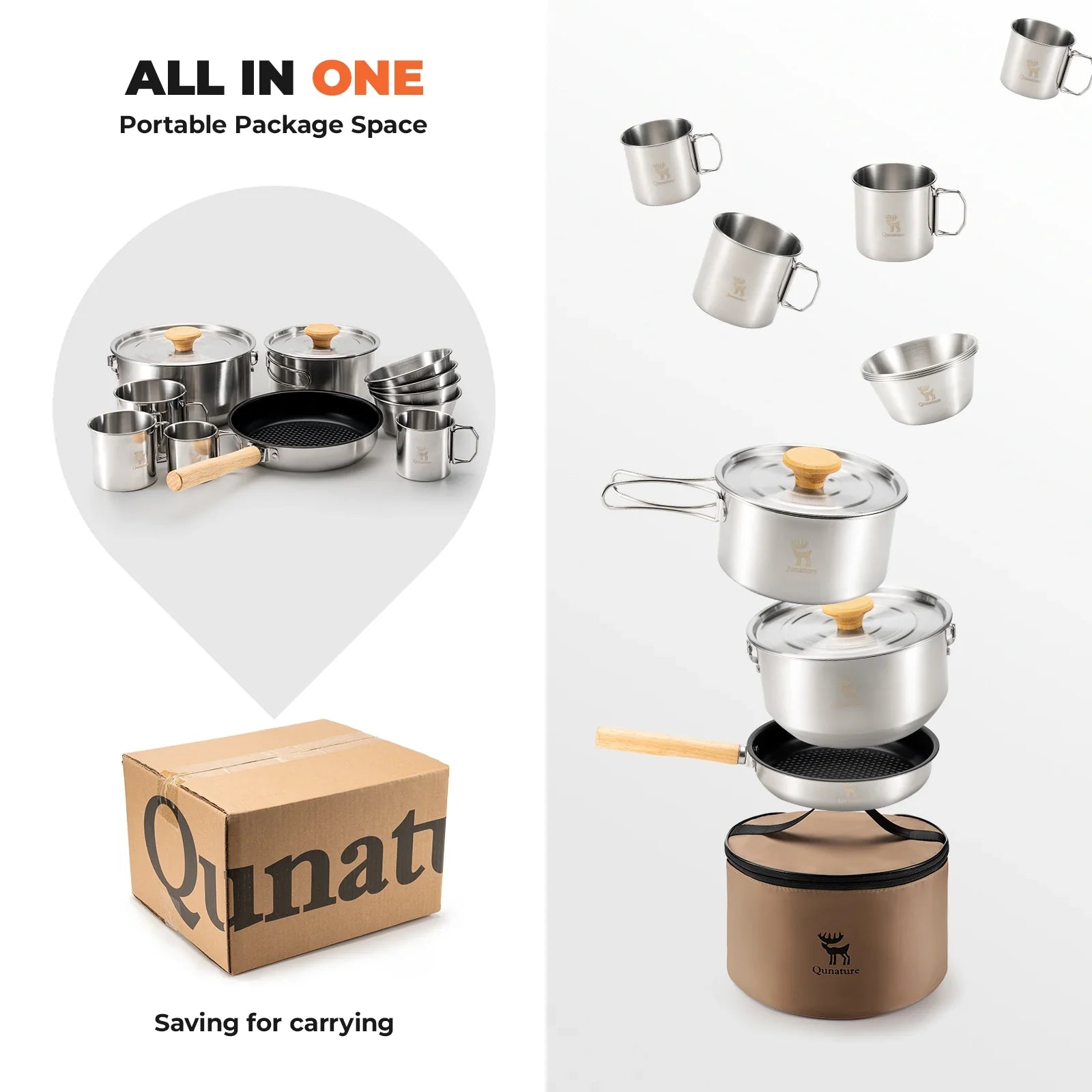Qunature TrailChef™ 5-Piece Stainless Steel Camping Cookware Set