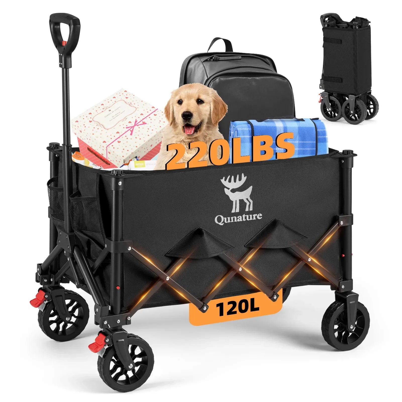 220lbs Foldable Utility Wagon with 360° Swivel Wheels