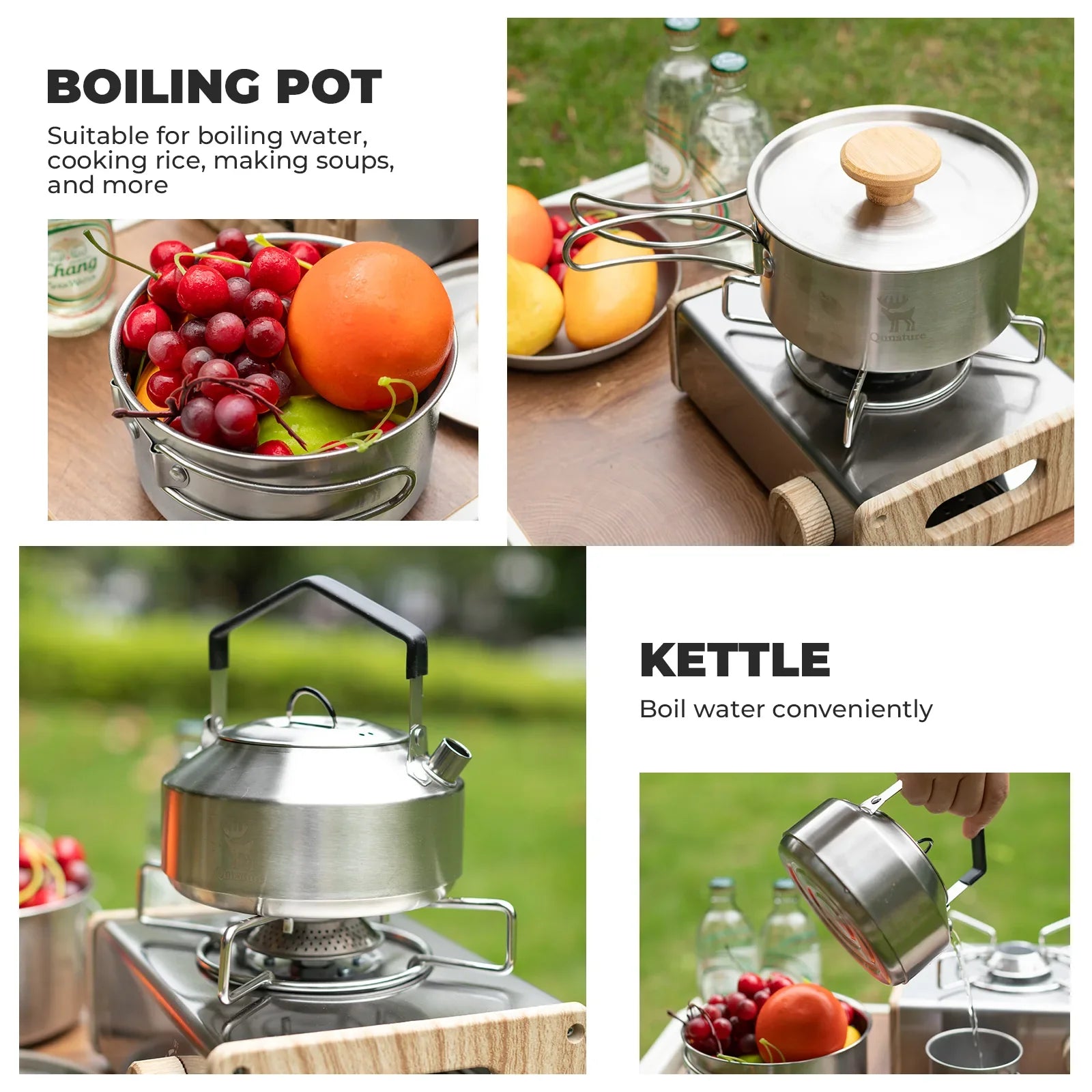 Qunature TrailBrew™ Stainless Steel Camping Tea Kettle & Cook Pot Set