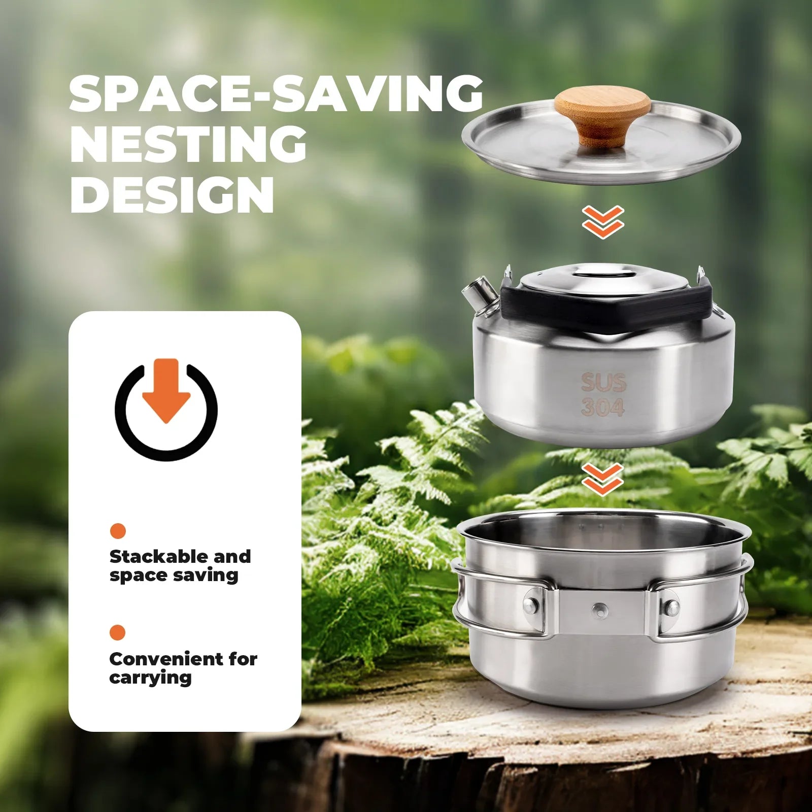 Qunature TrailBrew™ Stainless Steel Camping Tea Kettle & Cook Pot Set