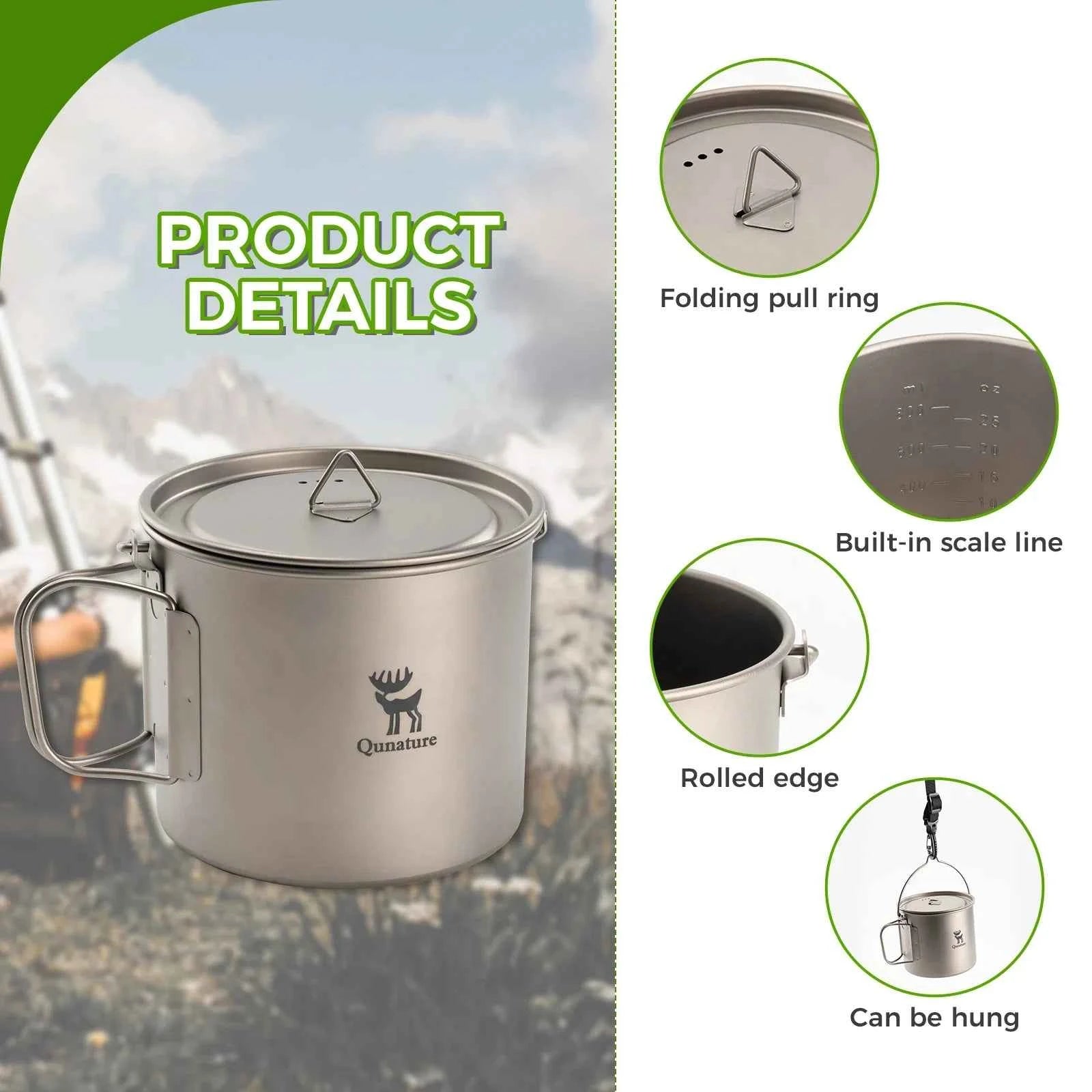 Qunature TitanCore™ 1100ml Titanium Camping Cup with Hanging Handle