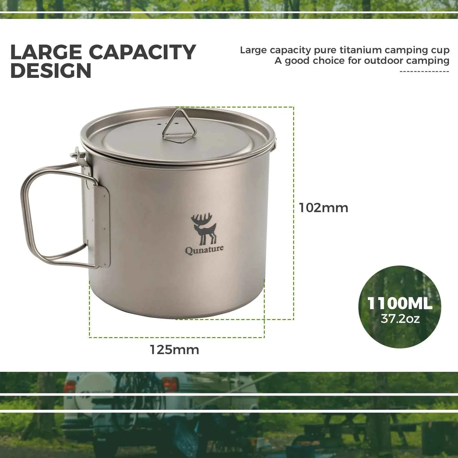 Qunature TitanCore™ 1100ml Titanium Camping Cup with Hanging Handle