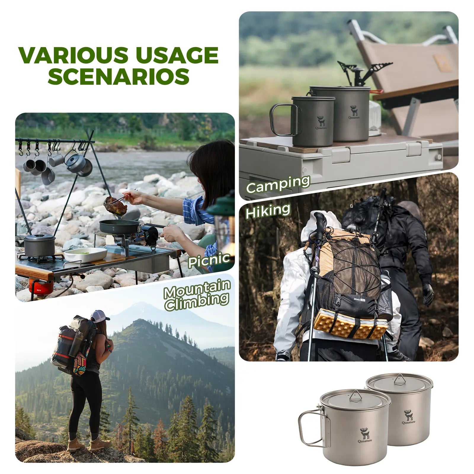 Qunature TitanCore™ 1100ml Titanium Camping Cup with Hanging Handle